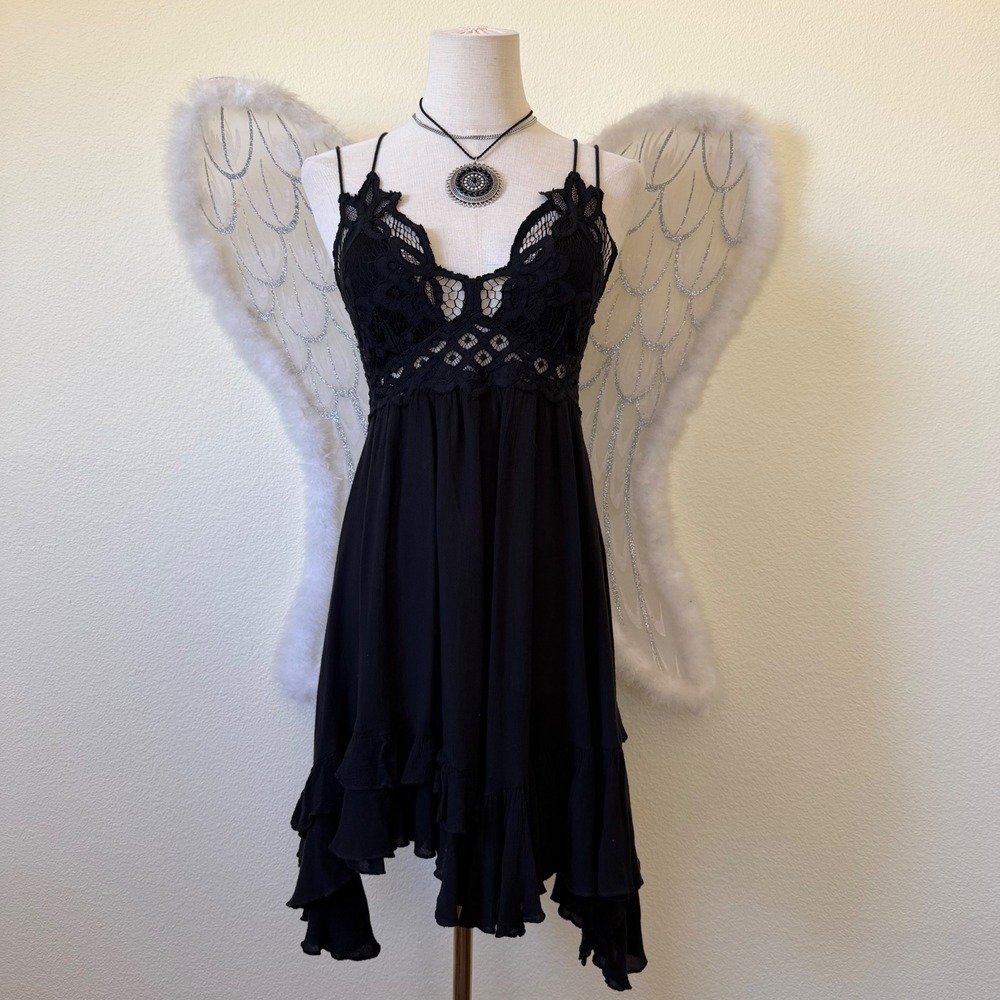 Free People FP One Black Lace Inset Ruffle Hem Mini Dress Strappy Back Boho